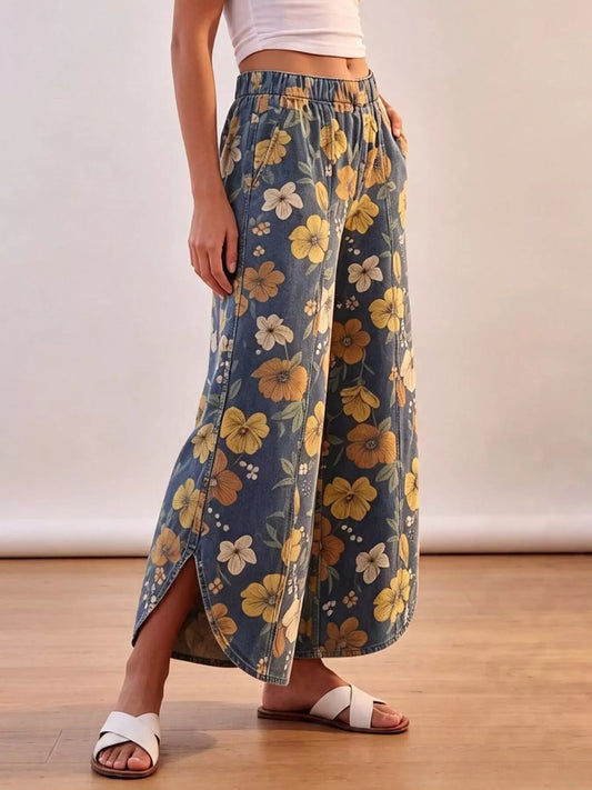 Floral Print Elastic Waist Wide-Leg Jeans - Blue - View 1