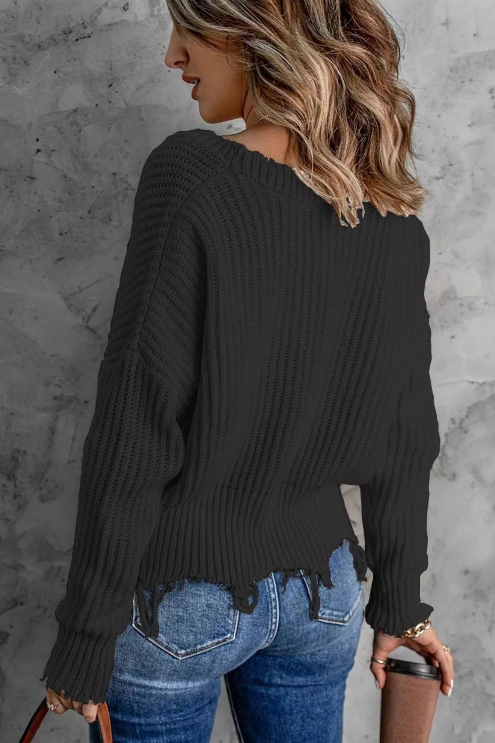 Full Size Raw Hem V-Neck Sweater Plus Size - Black - View 2