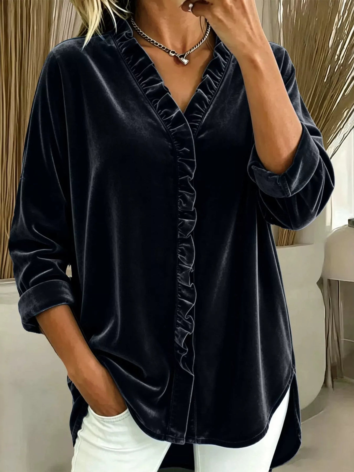 Velvet Frill V-Neck Blouse - Black - View 1
