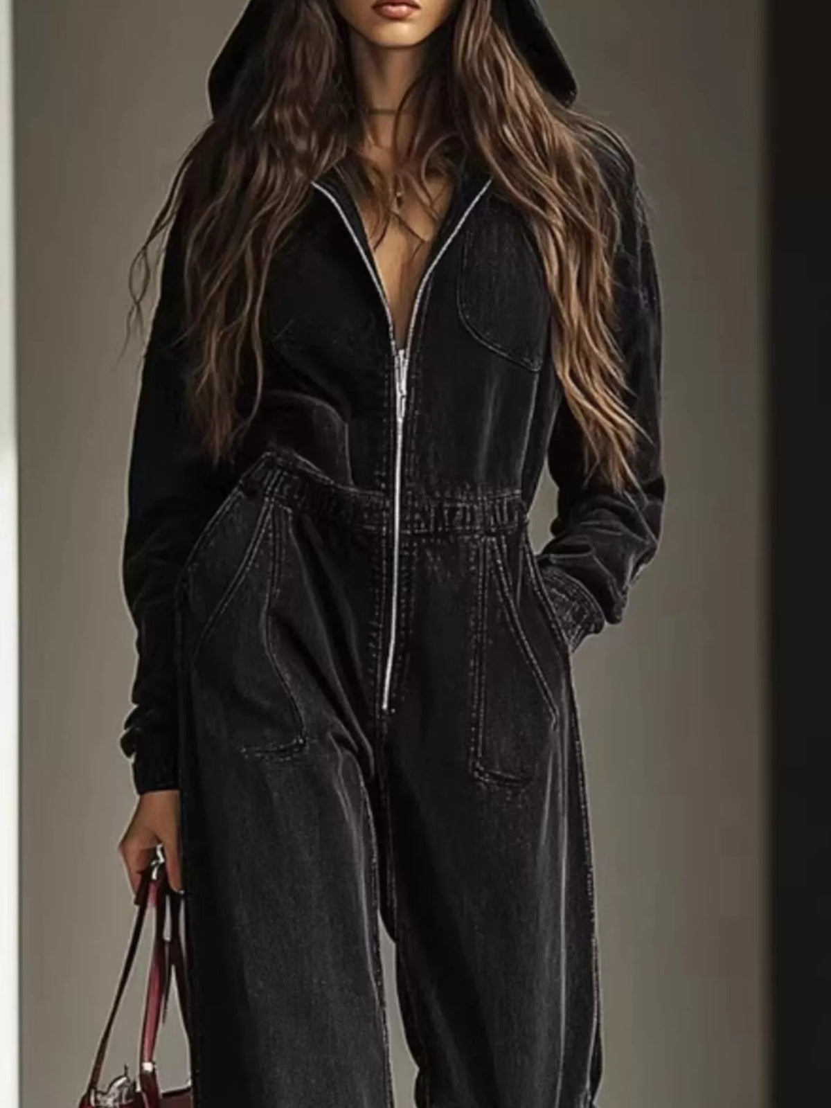 Zip Front Wide Leg Hooded Denim Jumpsuit - All Colors - View 2