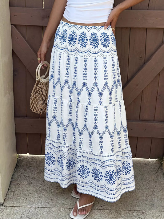 Printed Tiered Maxi Skirt - Blue - View 1