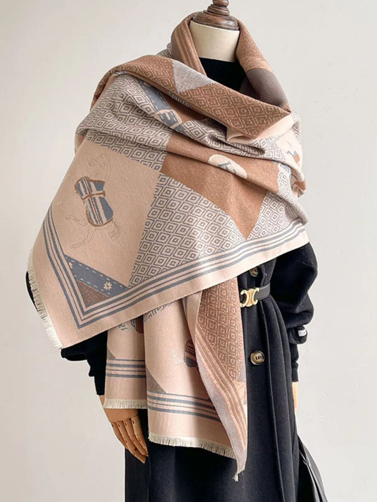 Equestrian Print Reversible Scarf - Brown - View 2