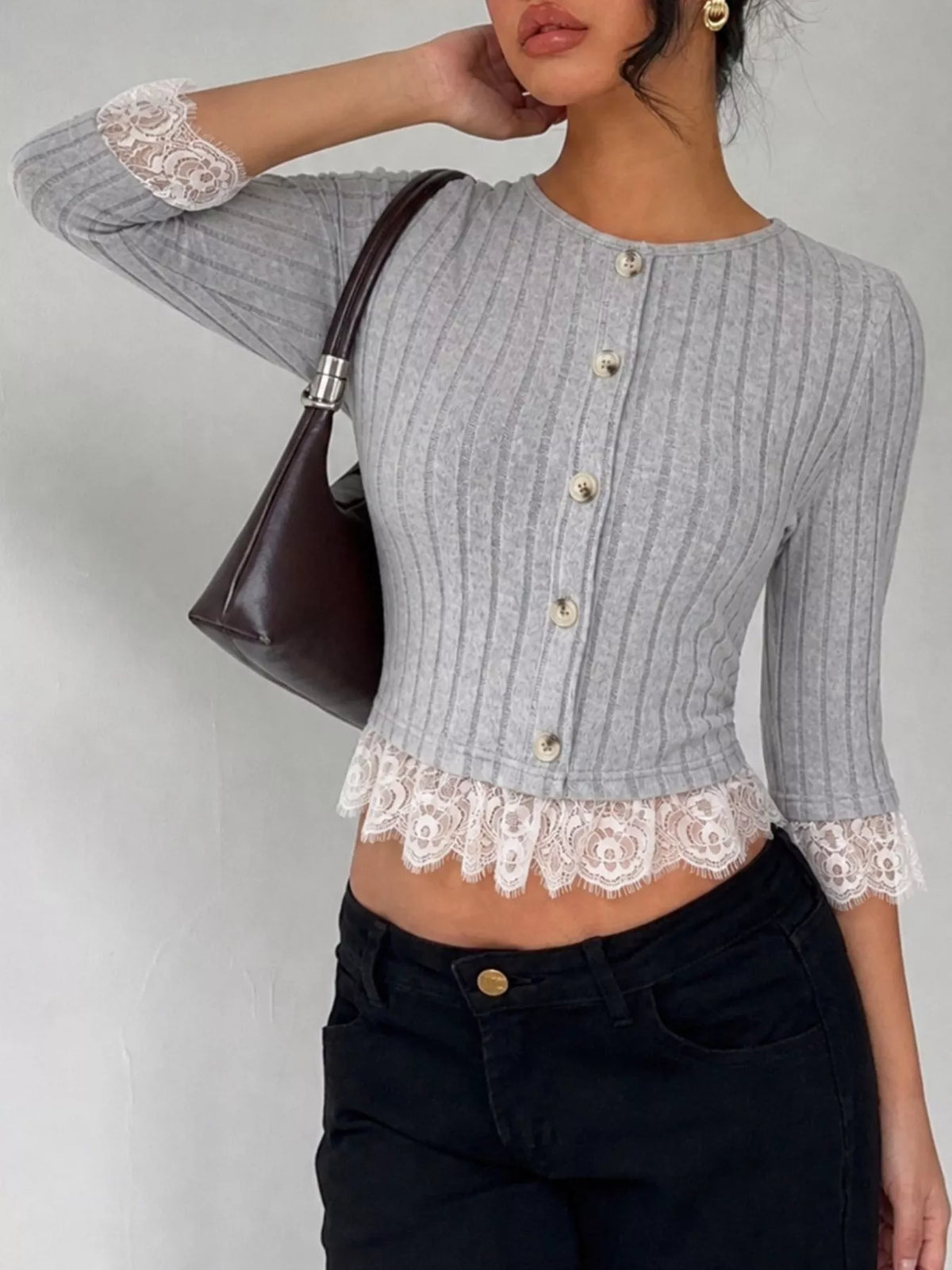 Lace Hem Ribbed Knit Button-Down Top - Gray - View 2