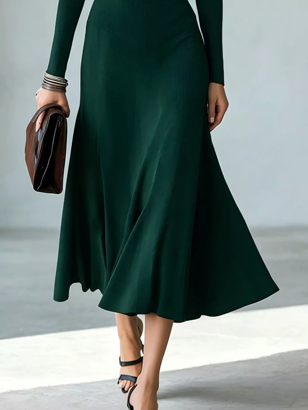 Full Size Mock Neck Cut-Out Long Sleeve Midi Dress Plus Size - Dark Green - View 3