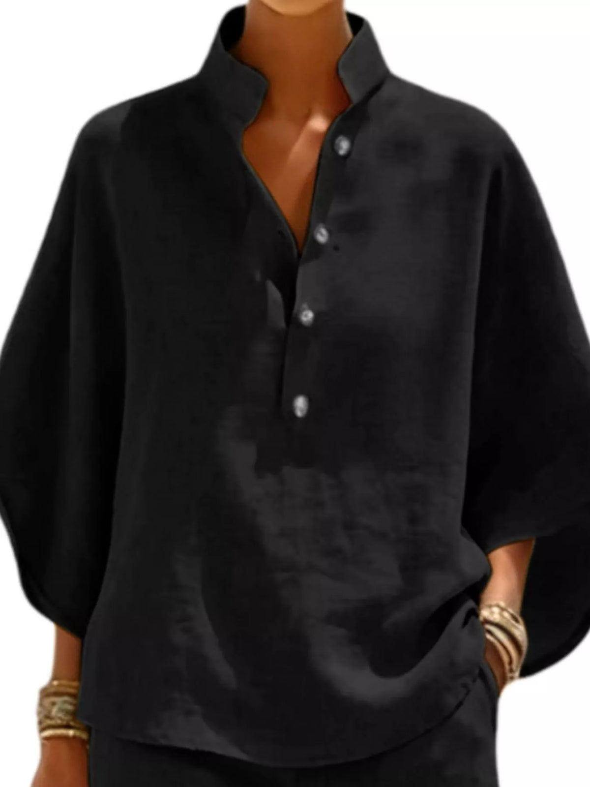 Full Size Button Detail Loose Fit Top and Shorts Set Plus Size - Black - View 2