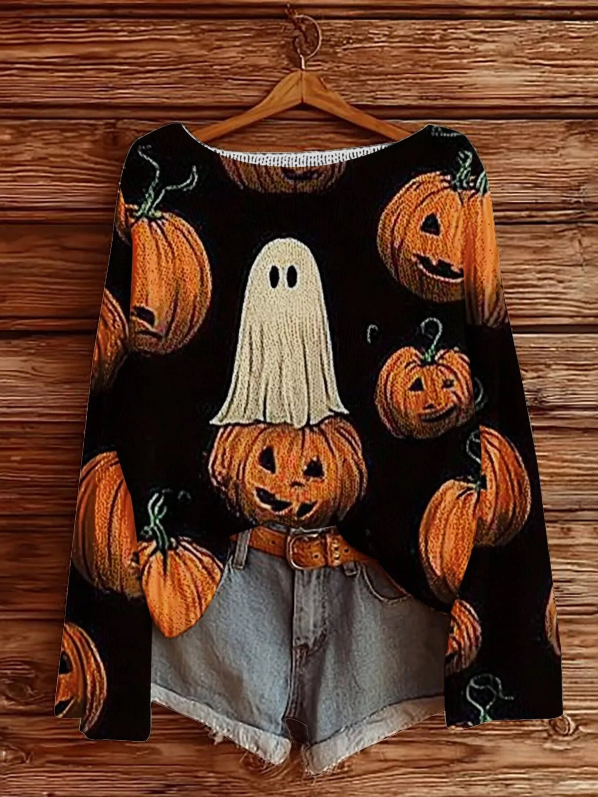 Full Size Halloween Graphic Boat Neck Sweater Plus Size - Black - View 1