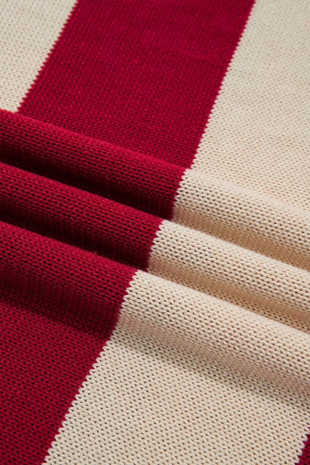 Stripe Ribbed Trim High Neck Relaxed Pullover Sweater - Burgundy - View 12