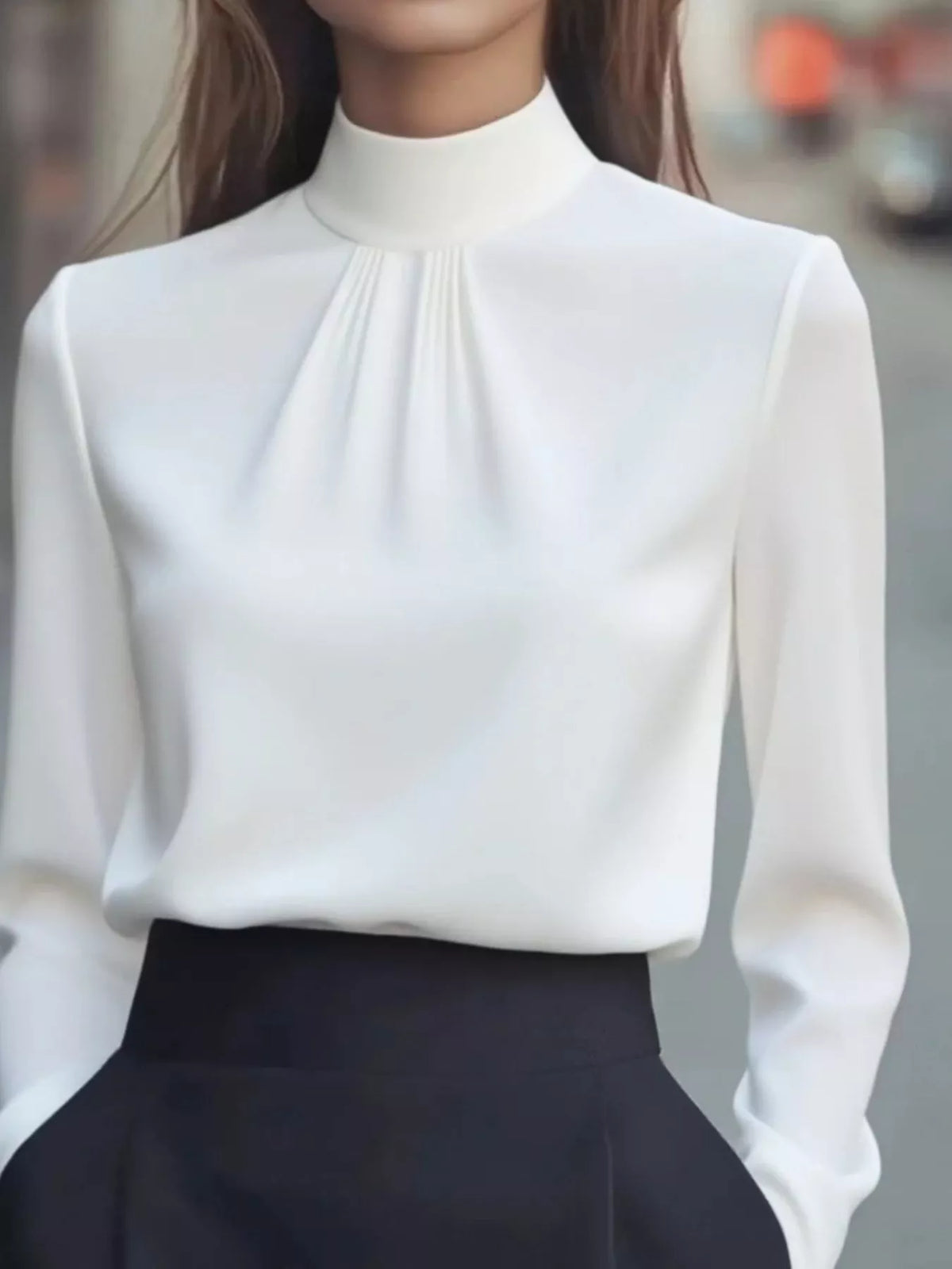 Mock Neck Long Sleeve Blouse with Pleated Detail - White - View 10