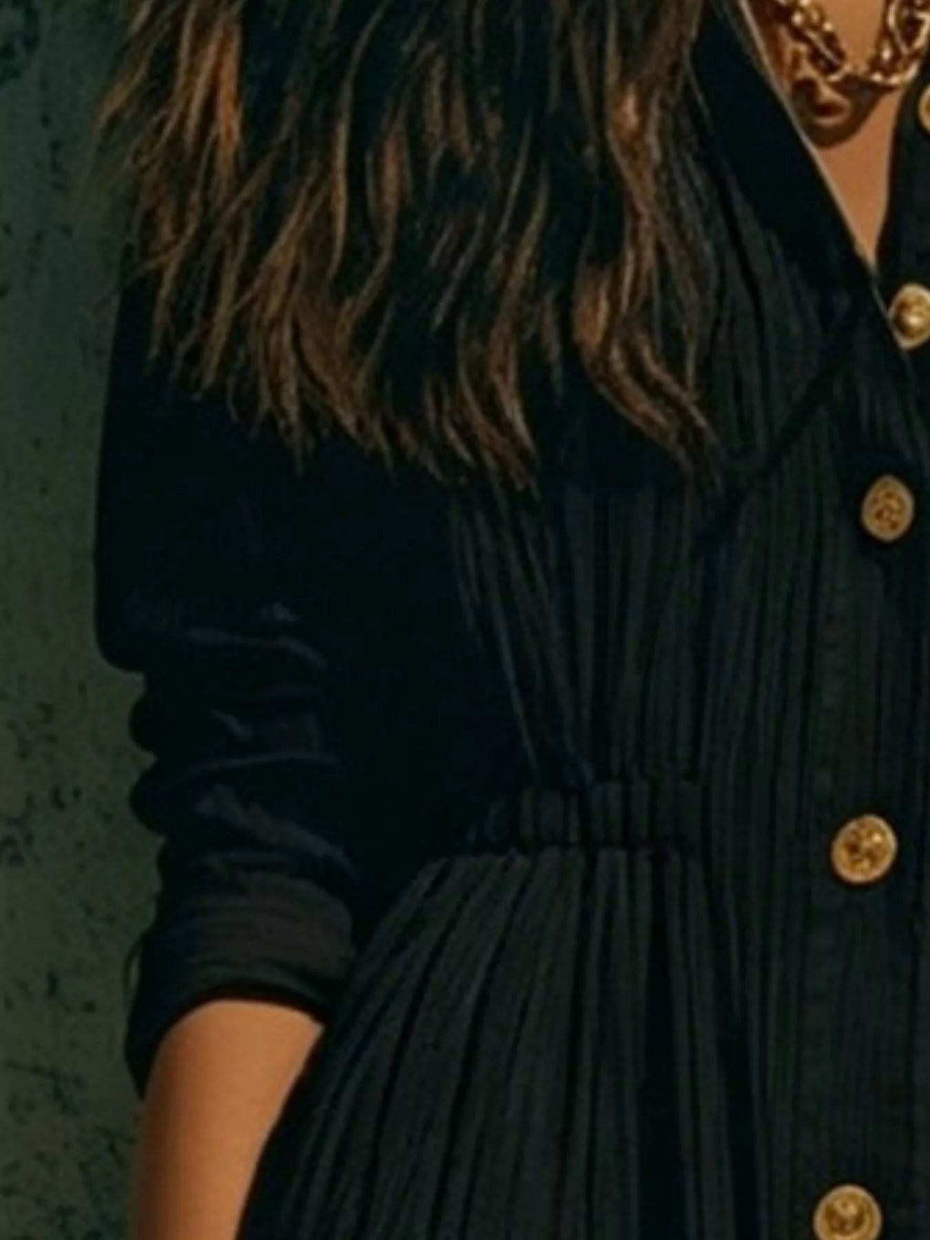 Full Size Textured Button Down Long Sleeve Maxi Dress Plus Size - Black - Front Detail View