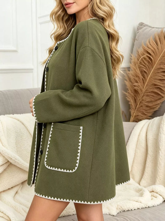 Contrast Trim Button-Front Outerwear - Army Green - View 2