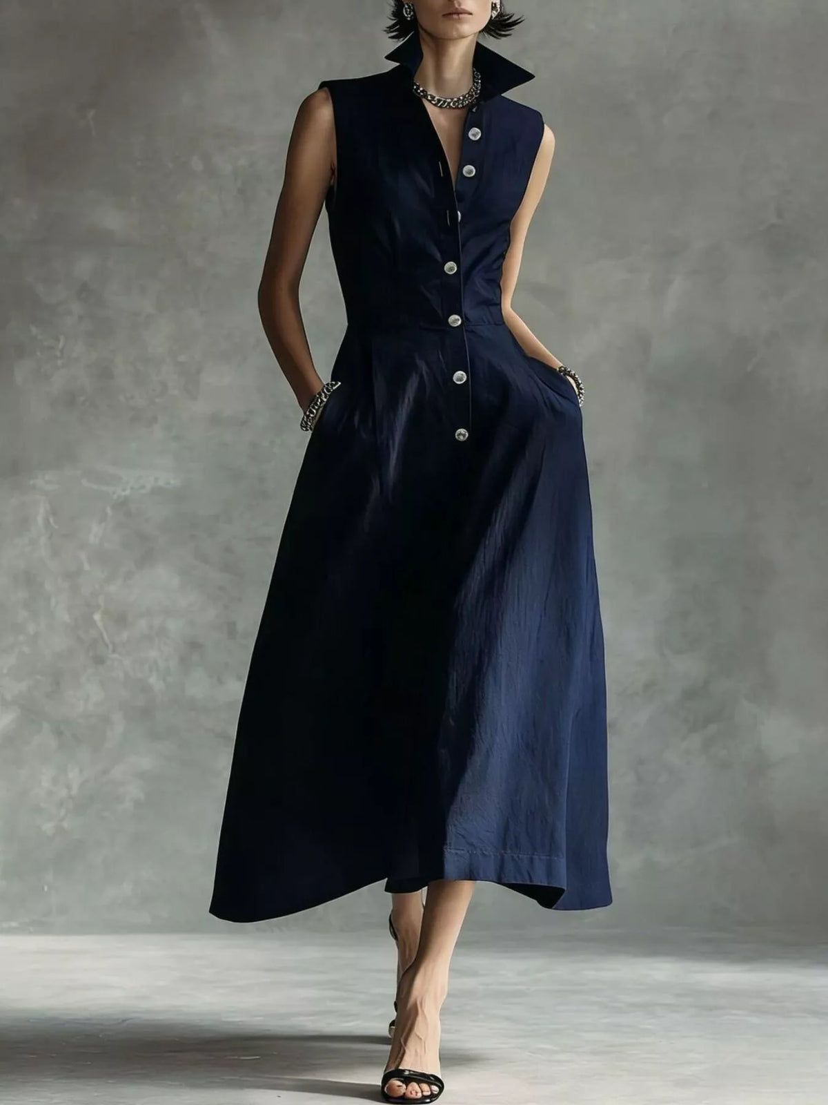 Sleeveless Button-Down Midi Shirt Dress - Dark Blue - View 9