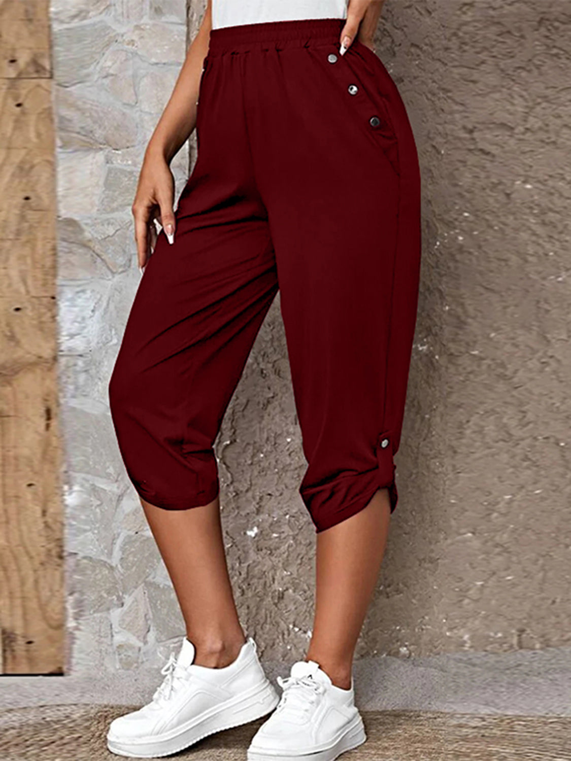 Full Size Roll-Tab Capris Pants - Burgundy - View 3
