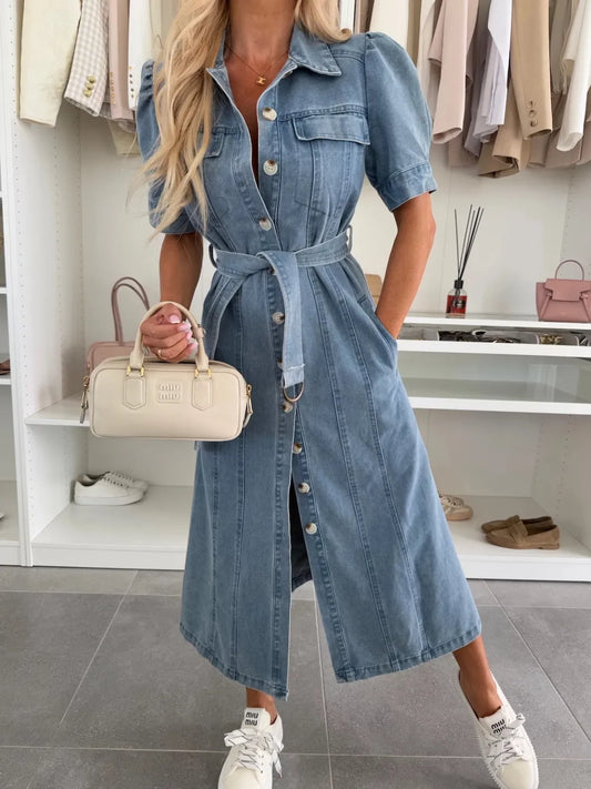Puff Sleeve Button Down Belted Denim Midi Dress - product photo 1