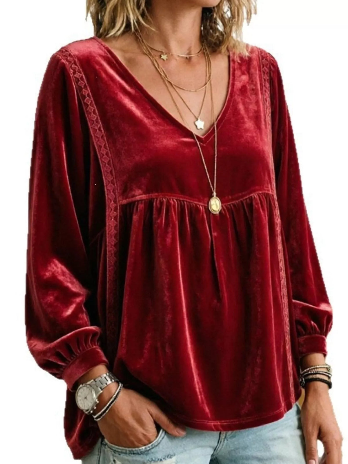 Full Size V-Neck Long Sleeve Velvet Blouse with Lace Trim Plus Size - Burgundy - View 1