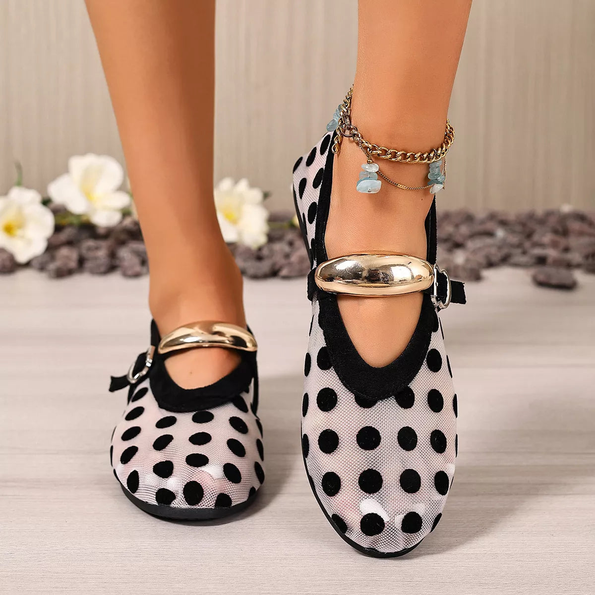 Polka Dot Mesh Slip-Ons - Cream White - View 1