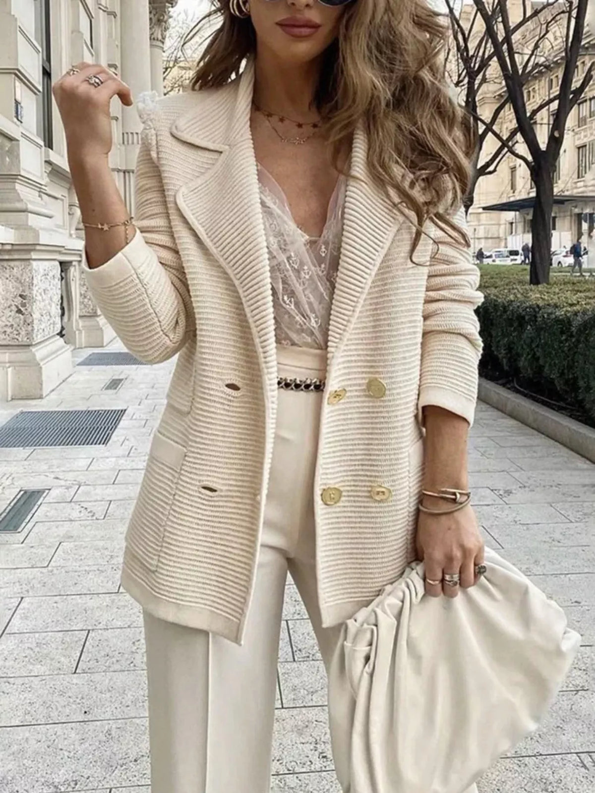 Texture Knit Double-Breasted Blazer - Apricot - View 1
