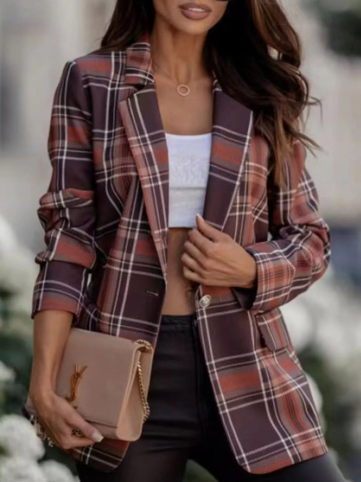 Plaid Lapel Collar Blazer - Dark Brown - View 1