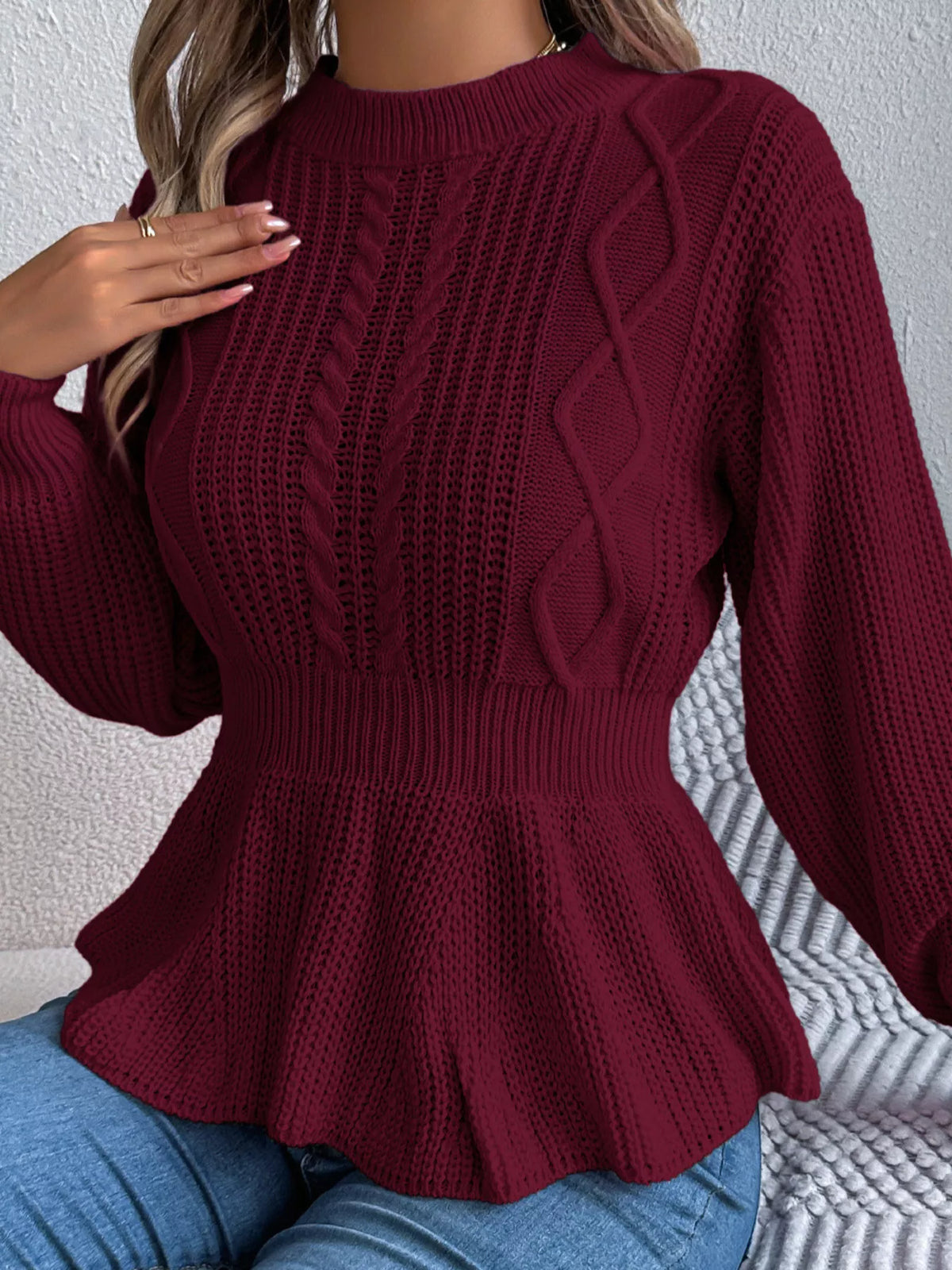 Cable Knit Peplum Sweater - Burgundy - View 3