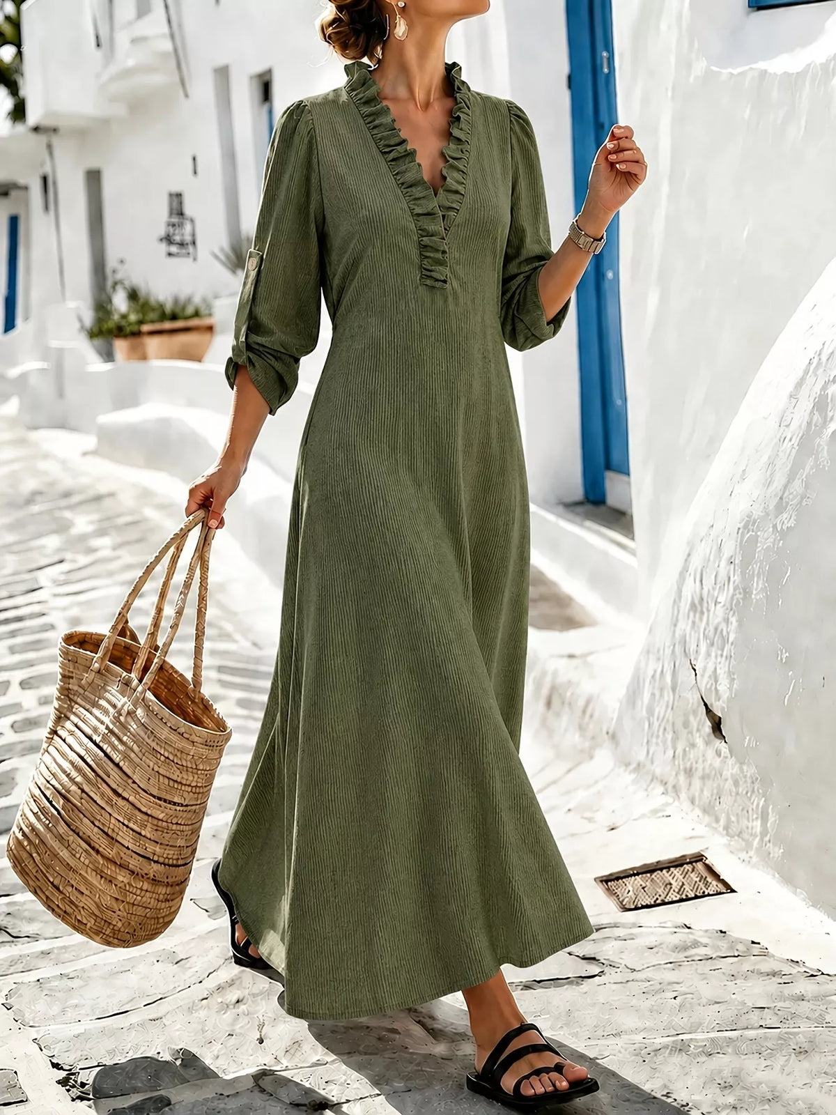 Full Size V-Neck Maxi Dress with Roll-Up Sleeves Plus Size - Green - View 3