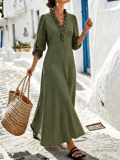 Full Size V-Neck Maxi Dress with Roll-Up Sleeves Plus Size - Green - View 3