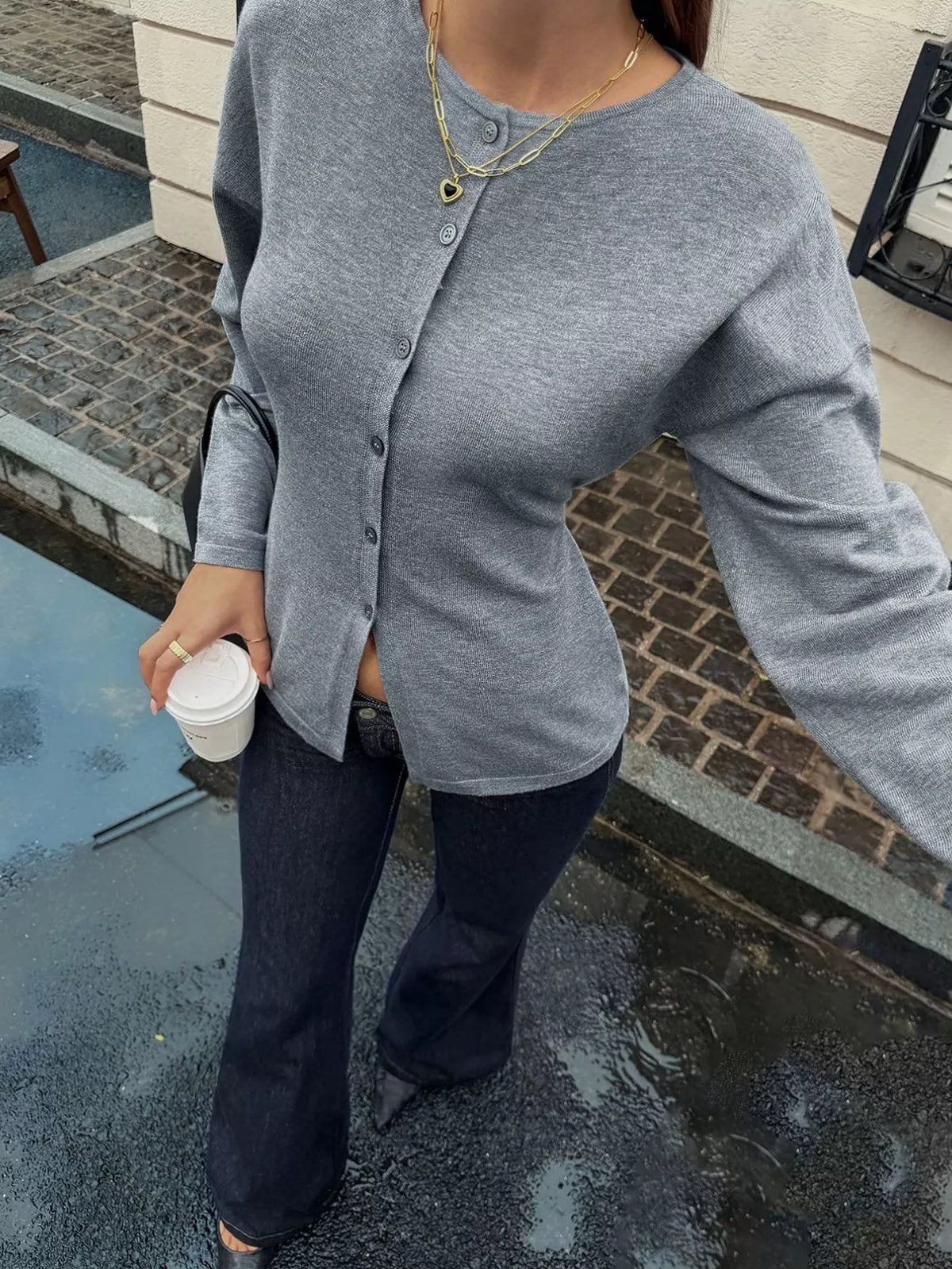Button-Front Dropped Shoulder Cardigan - Gray - View 3