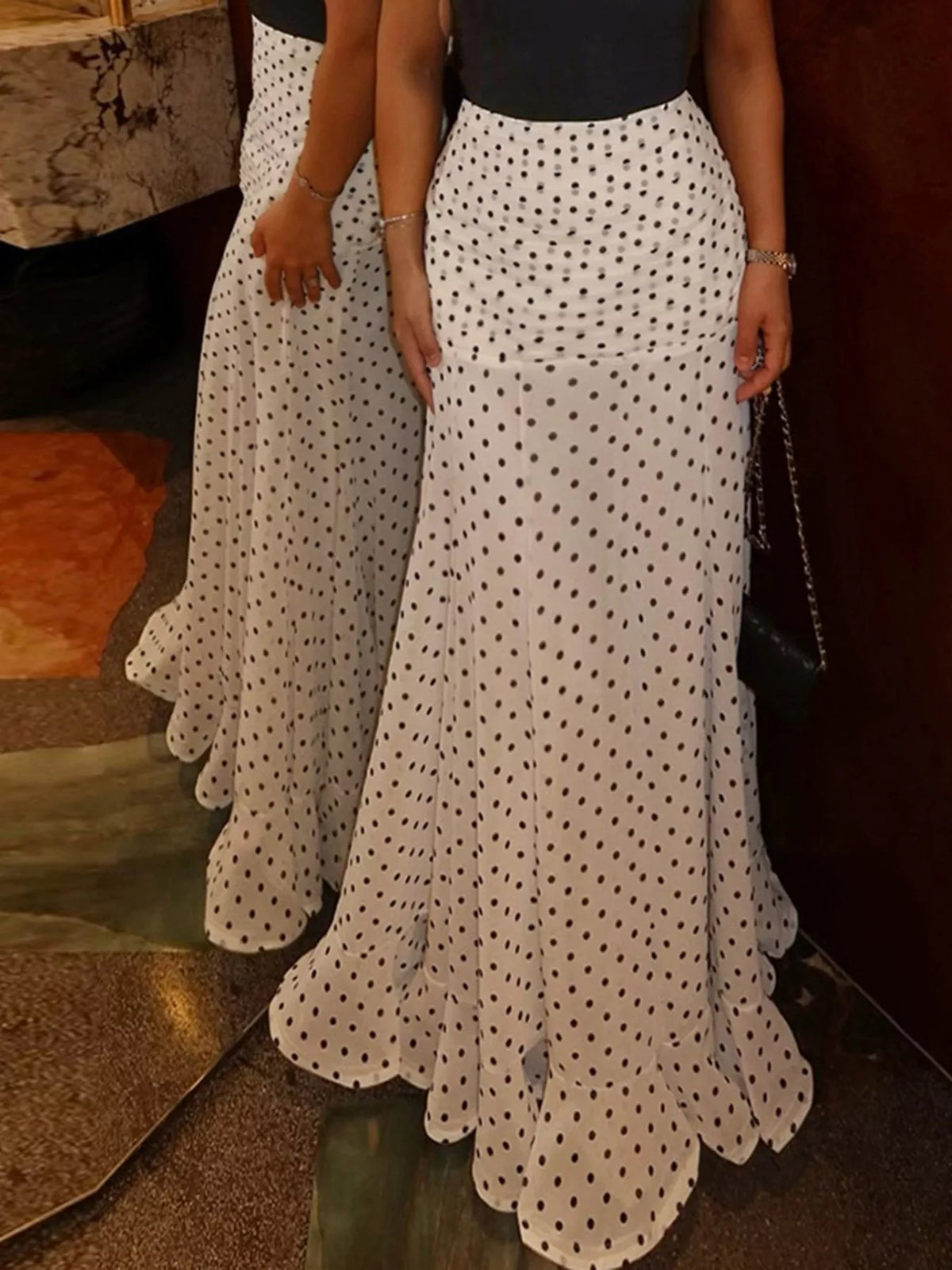 Polka Dot Mermaid Maxi Skirt - White - View 1