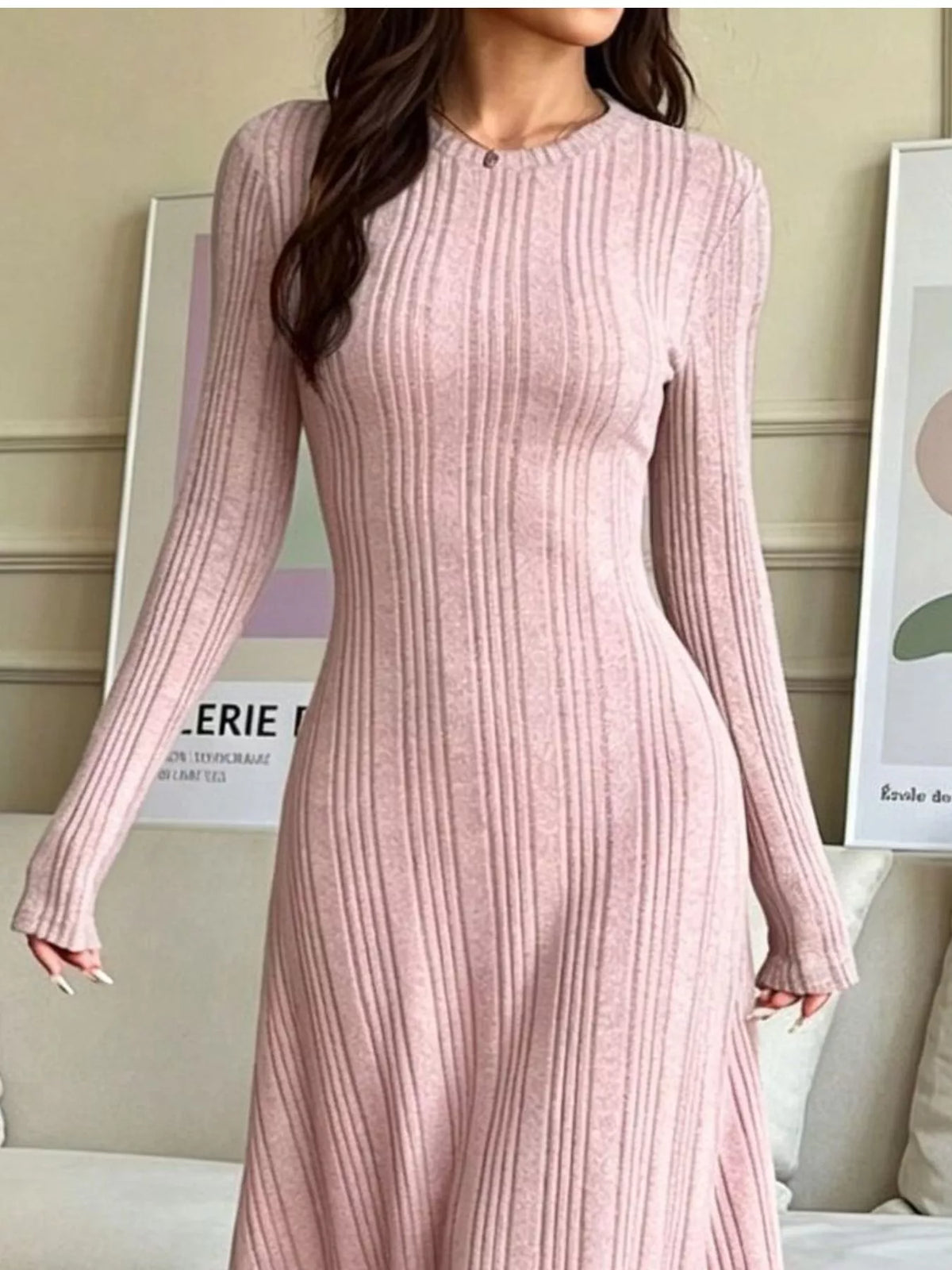 Long Sleeve Ribbed Knit Dress - Dusty Pink - View 2