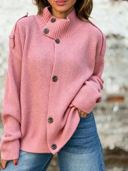 Full Size Button-Up Mock Neck Cardigan Plus Size - Pink - View 1