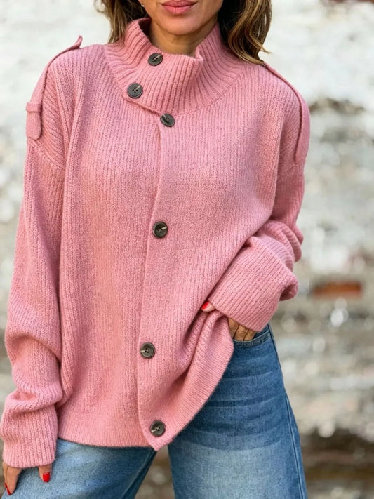 Full Size Button-Up Mock Neck Cardigan Plus Size - Pink - View 1