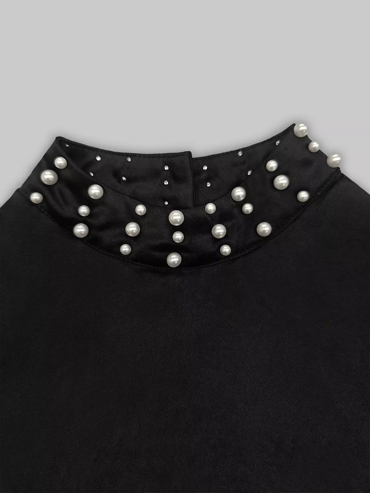 Pearl-Embellished Mock Neck Ruffle Hem Dress - Black - View 9