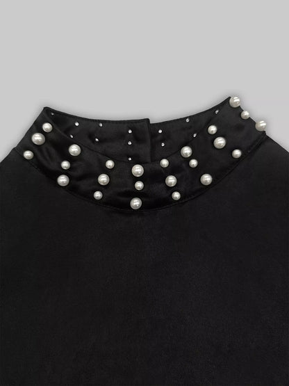 Pearl-Embellished Mock Neck Ruffle Hem Dress - Black - View 9