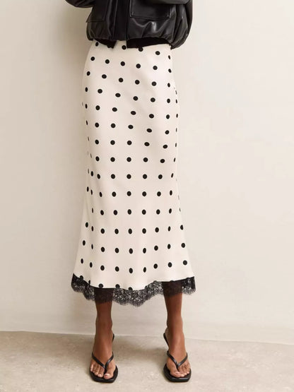 Polka Dot Midi Skirt with Lace Trim - White - View 1