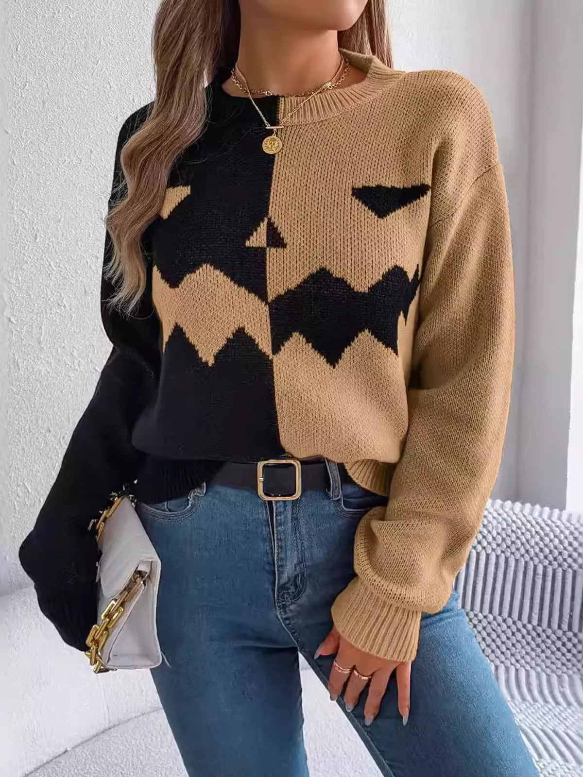 Pumpkin Face Graphic Two Tone Sweater - Camel - View 1