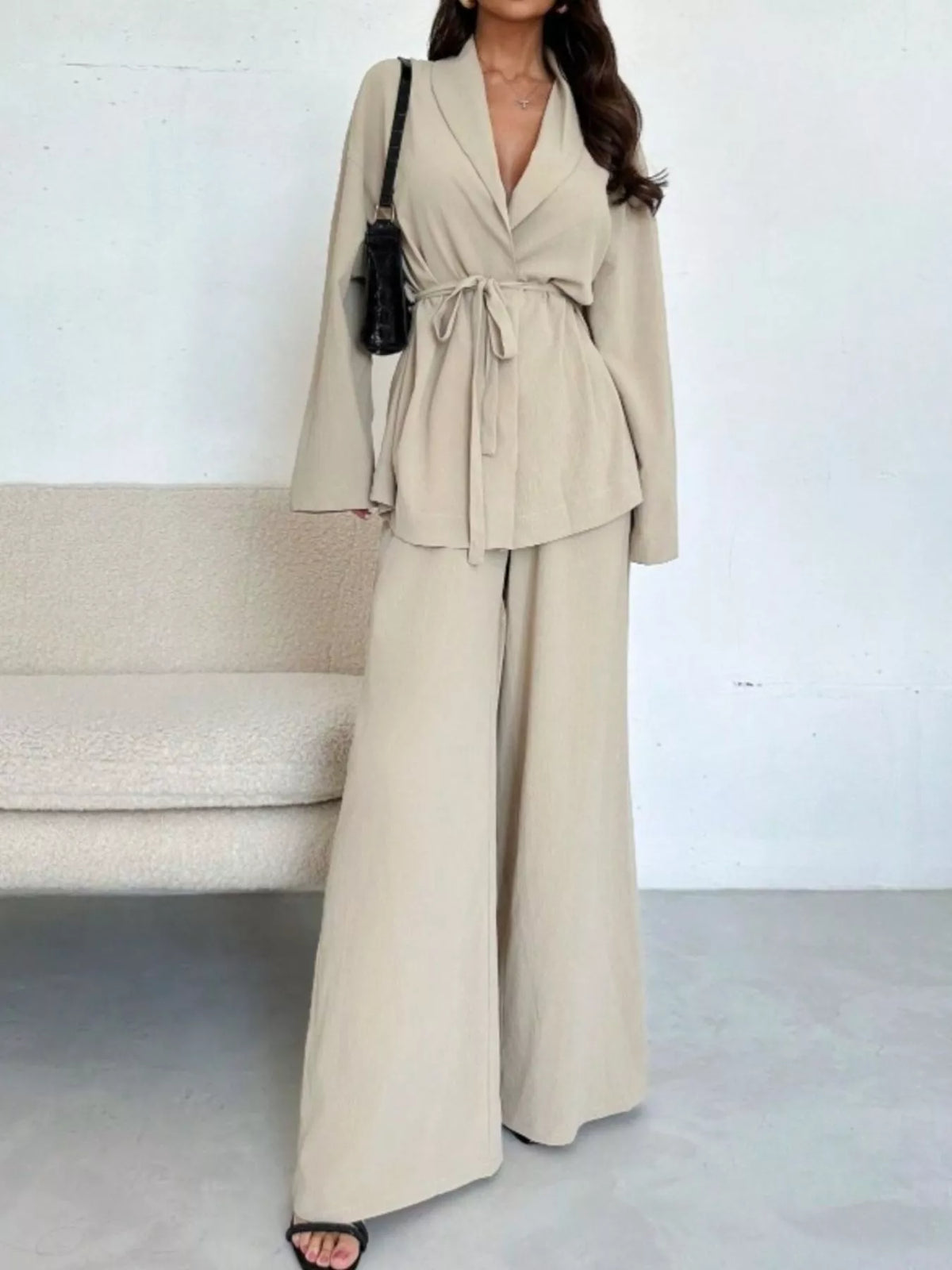 Front Tied Shirt and Wide-Leg Pants Set - Apricot - View 1