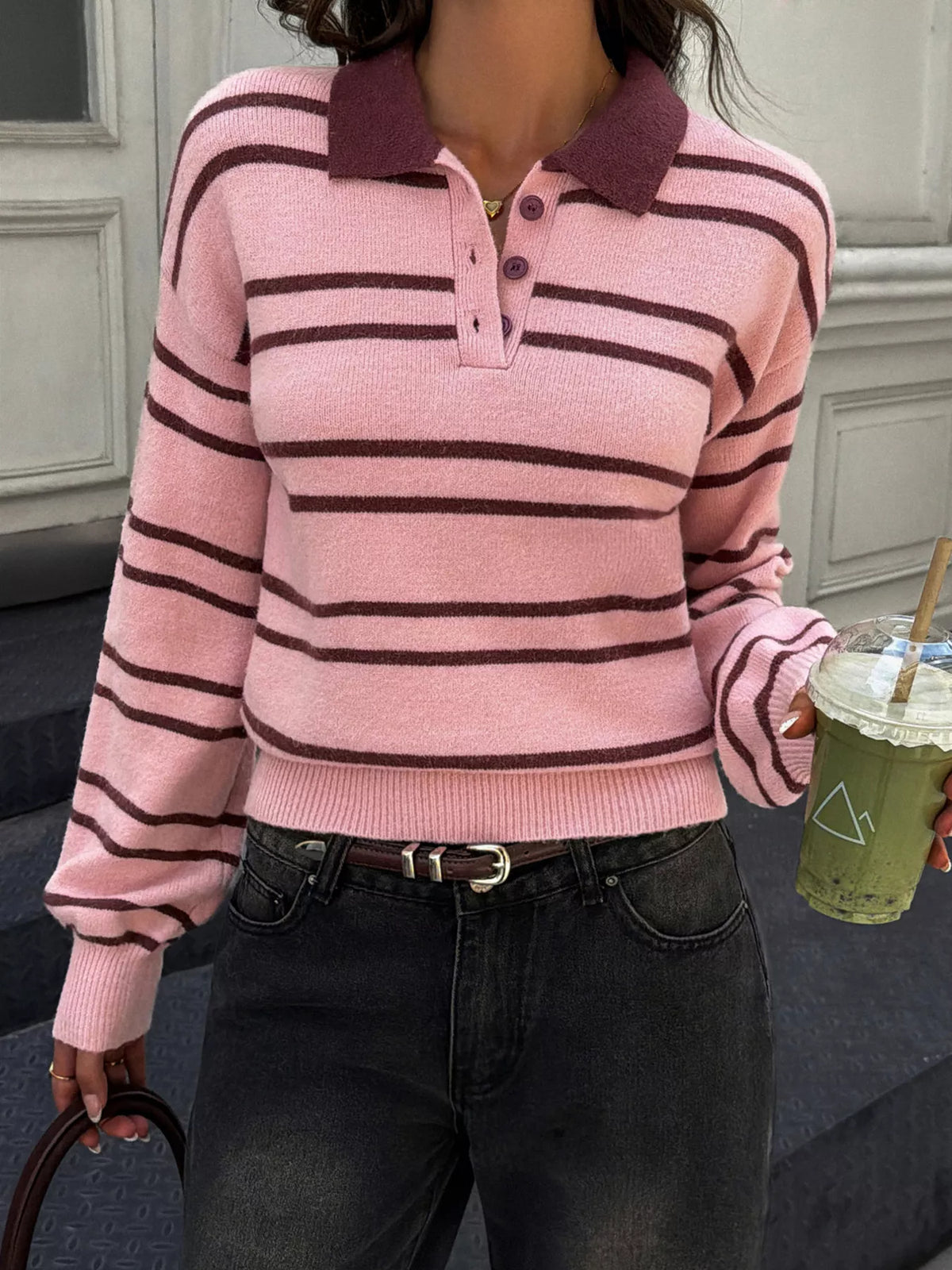Striped Polo Collar Dropped Shoulder Sweater - Pink And Brown Stripes - View 3