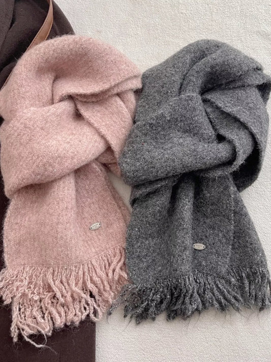 Fringe Hem Knitted Scarf - Dusty Pink and Dark Gray scarves together - View 1