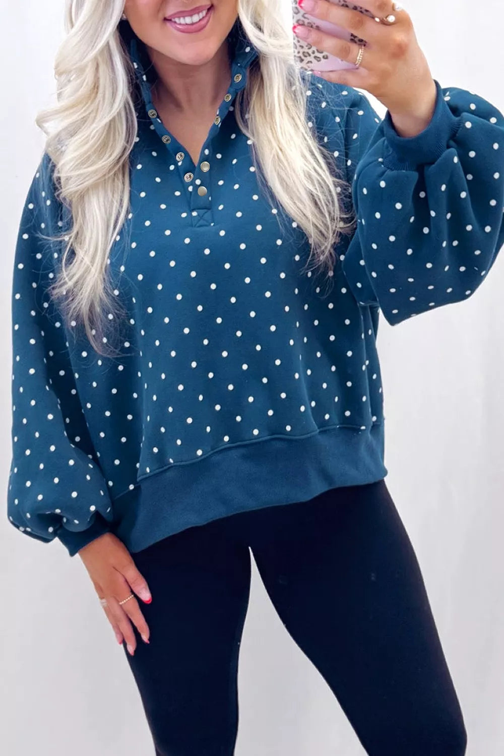 Polka Dot Snap-Button Sweatshirt - Dusty Blue - View 1