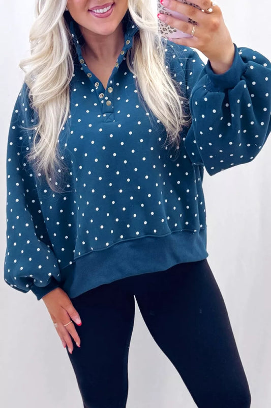 Polka Dot Snap-Button Sweatshirt - Dusty Blue - View 1