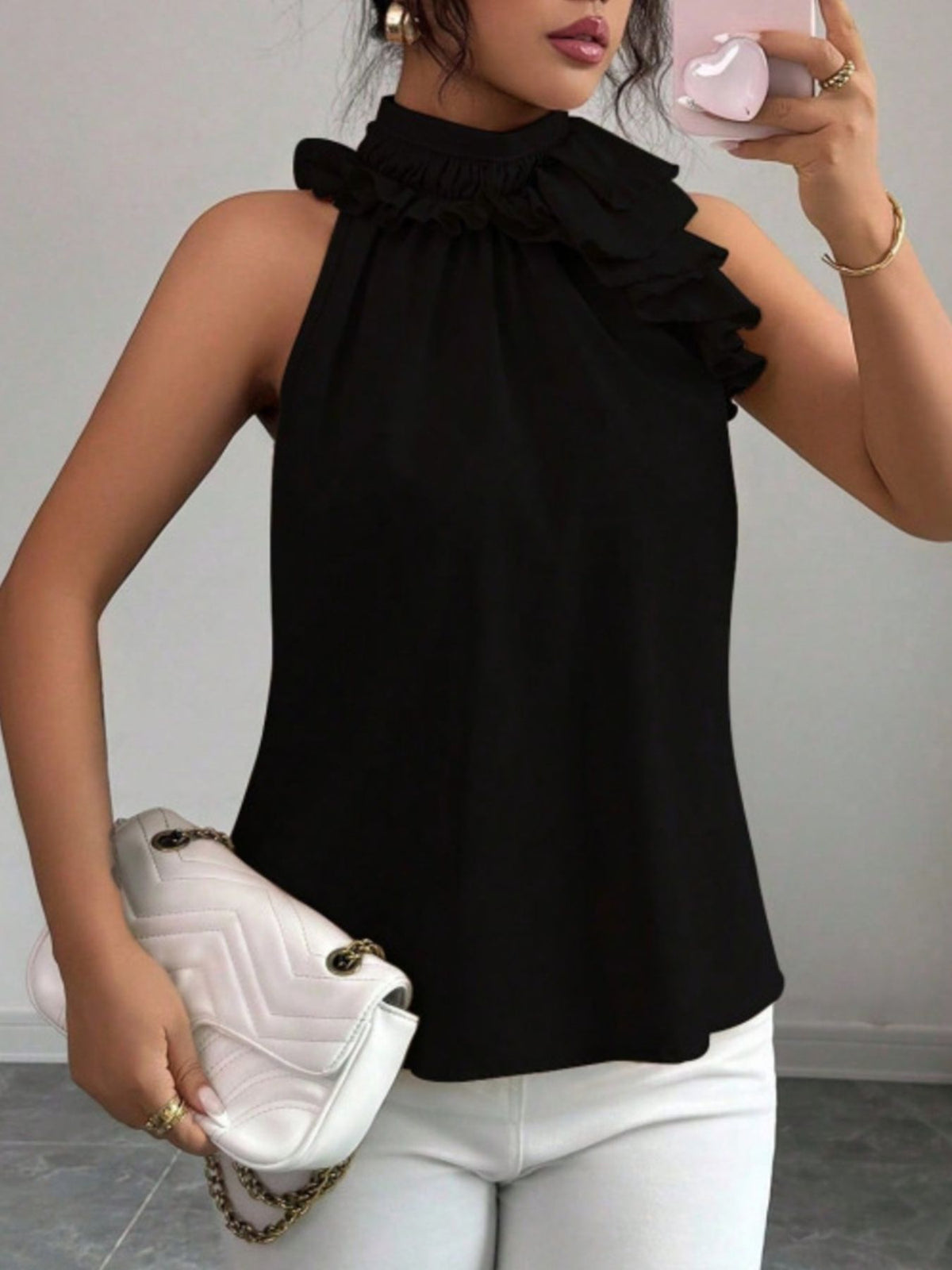 Ruffle High Neck Sleeveless Top - Black - View 23