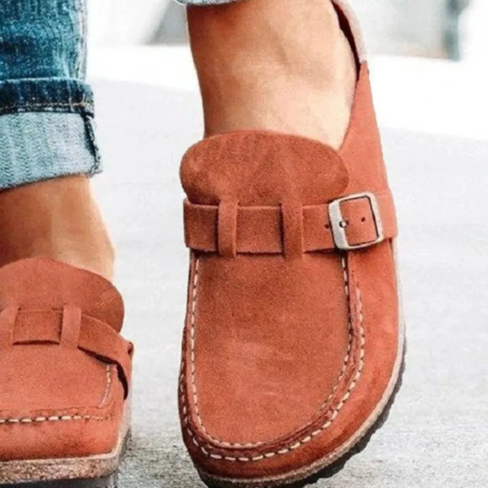 Round Toe Low Heel Buckle Loafers - Caramel - View 12