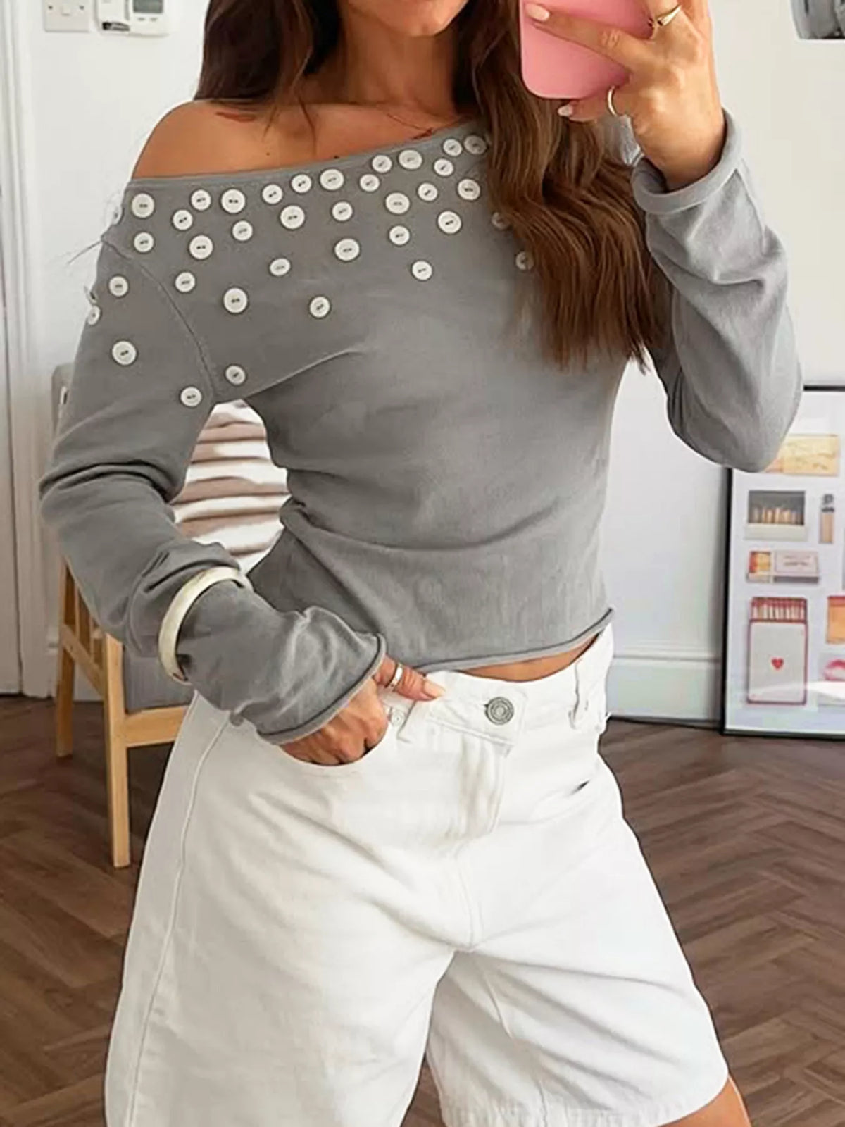 Decorative Button One Shoulder Top - Gray - View 4