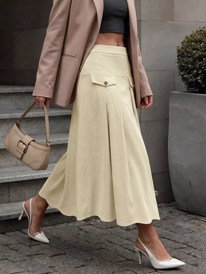 High Waist Pleated Midi Skirt - Khaki - View 2