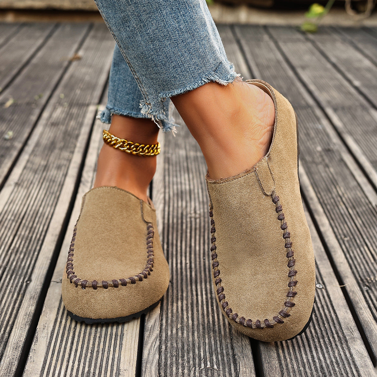 Round Toe Slip-Ons - Beige - View 9