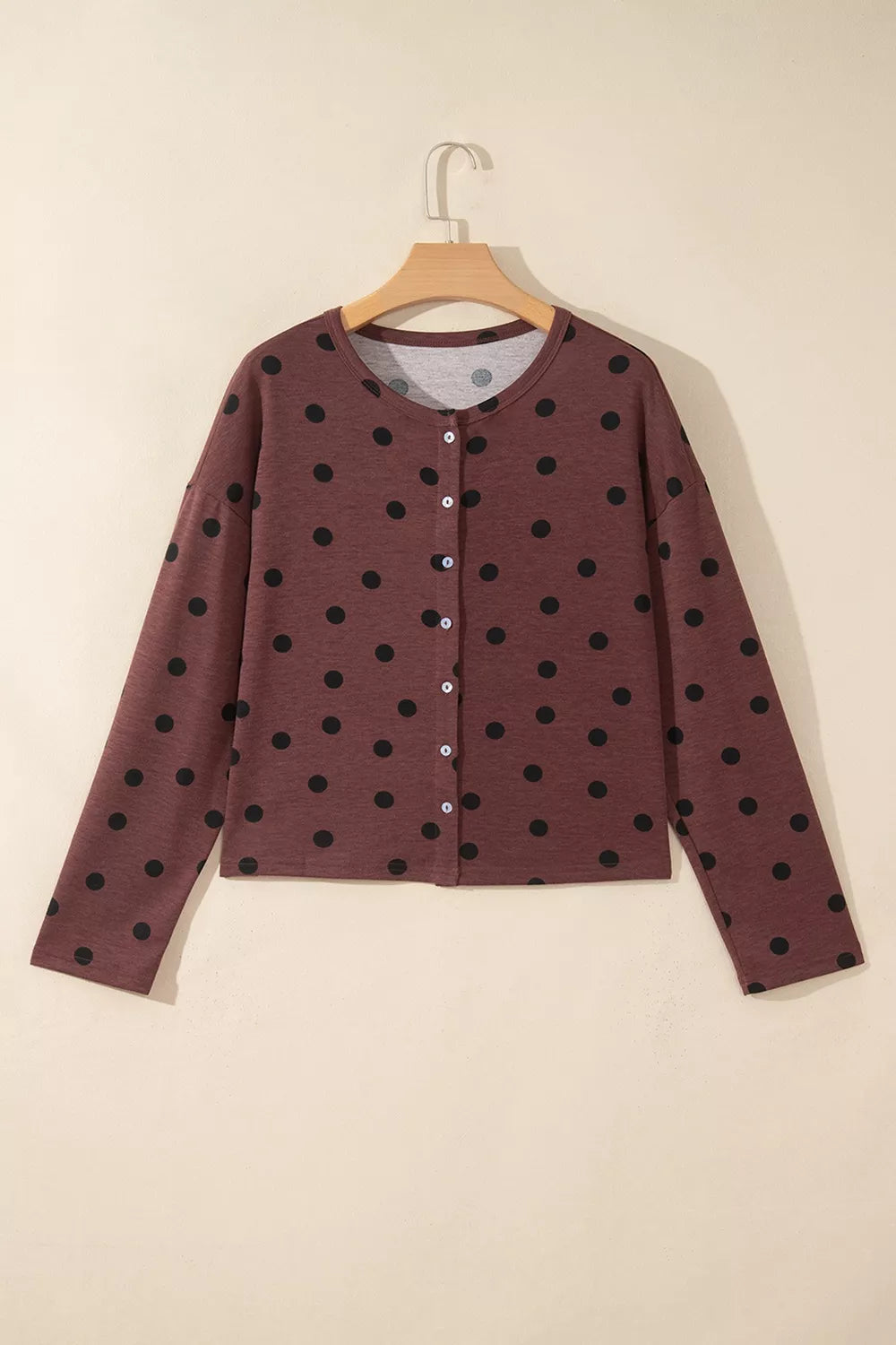 Polka Dot Button Front Long Sleeve Casual Shirt - Brown - View 6