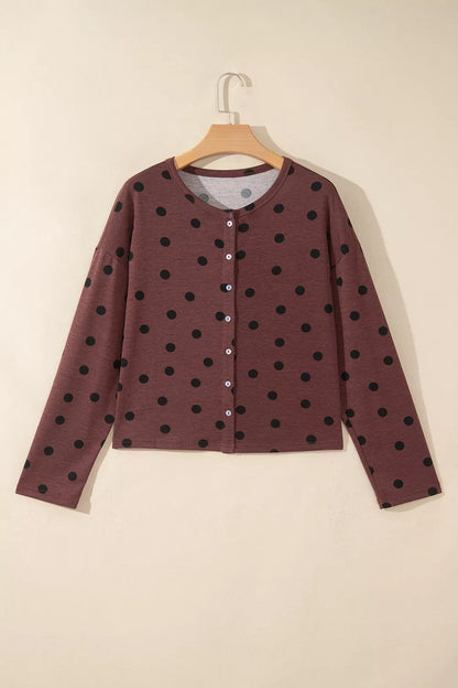 Polka Dot Button Front Long Sleeve Casual Shirt - Brown - View 6