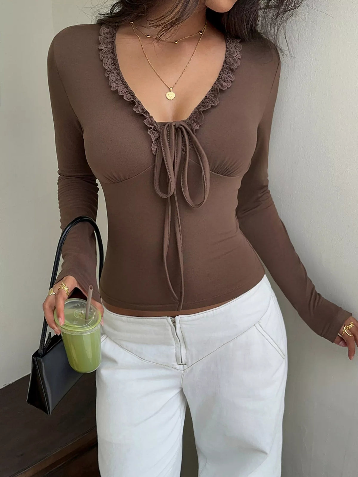 Lace-Trimmed V-Neck Long Sleeve T-Shirt - Brown - View 2