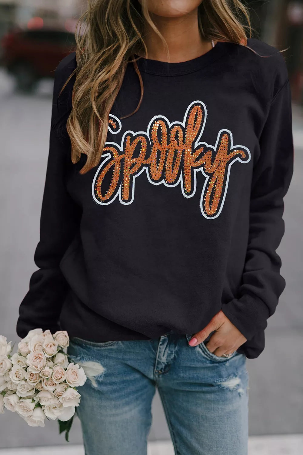 Spooky Rhinestone Drop Shoulder Sweatshirt - Black - View 3