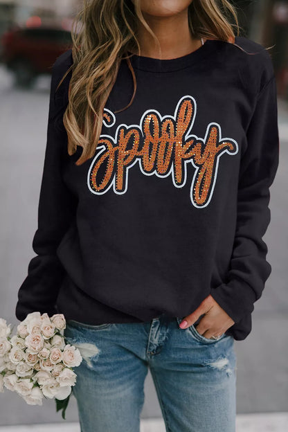 Spooky Rhinestone Drop Shoulder Sweatshirt - Black - View 3