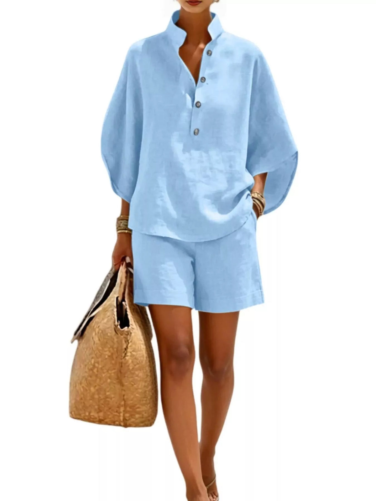 Full Size Button Detail Loose Fit Top and Shorts Set Plus Size - Sky Blue - View 1