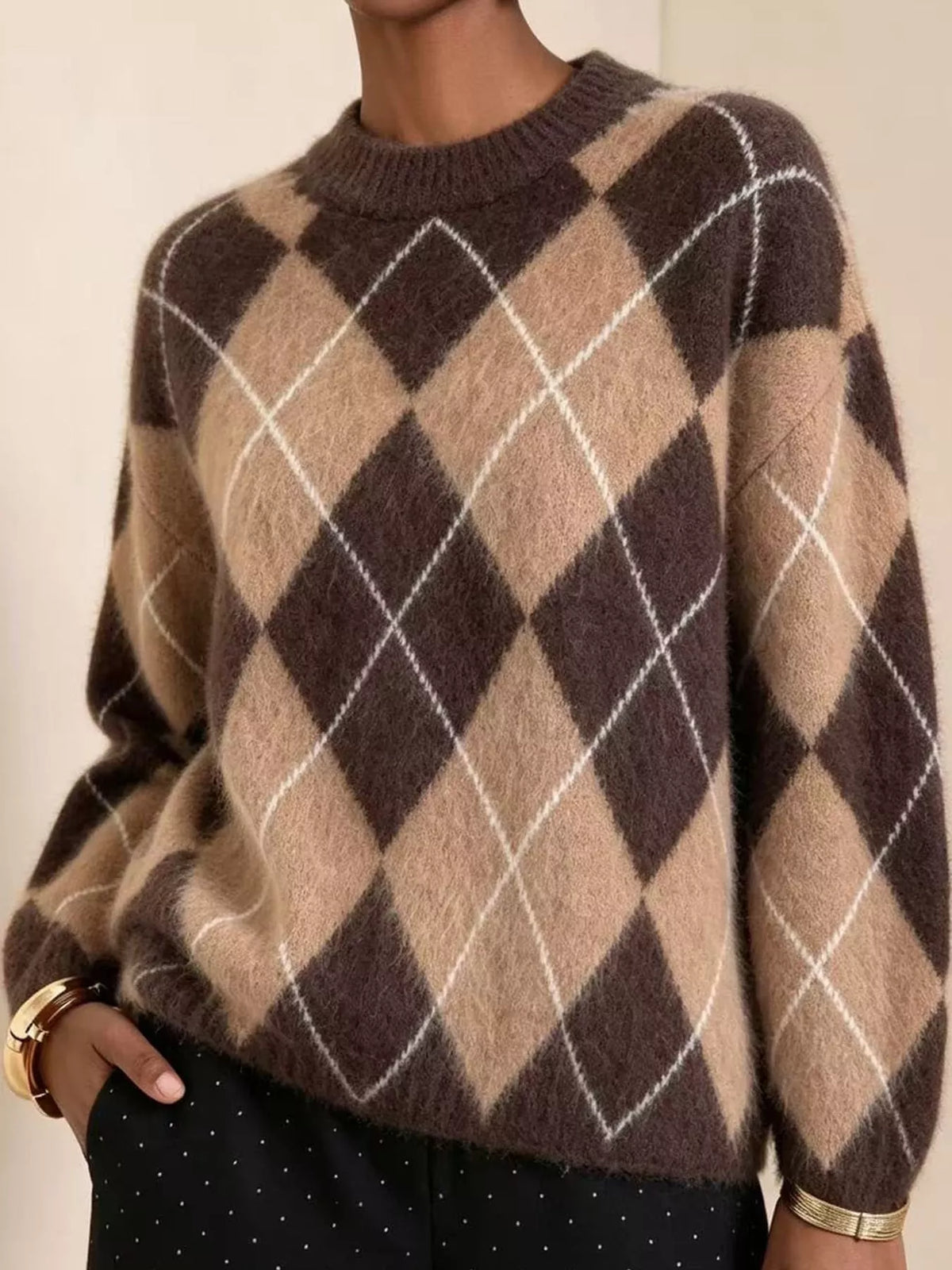 Argyle Pattern Fuzzy Knit Sweater - Brown - View 8